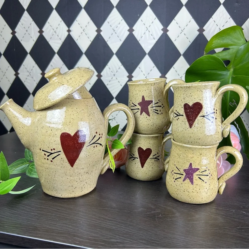 Studio Pottery Tea Set Stoneware Teapot and Four Mugs Heart Star Motif Primitive